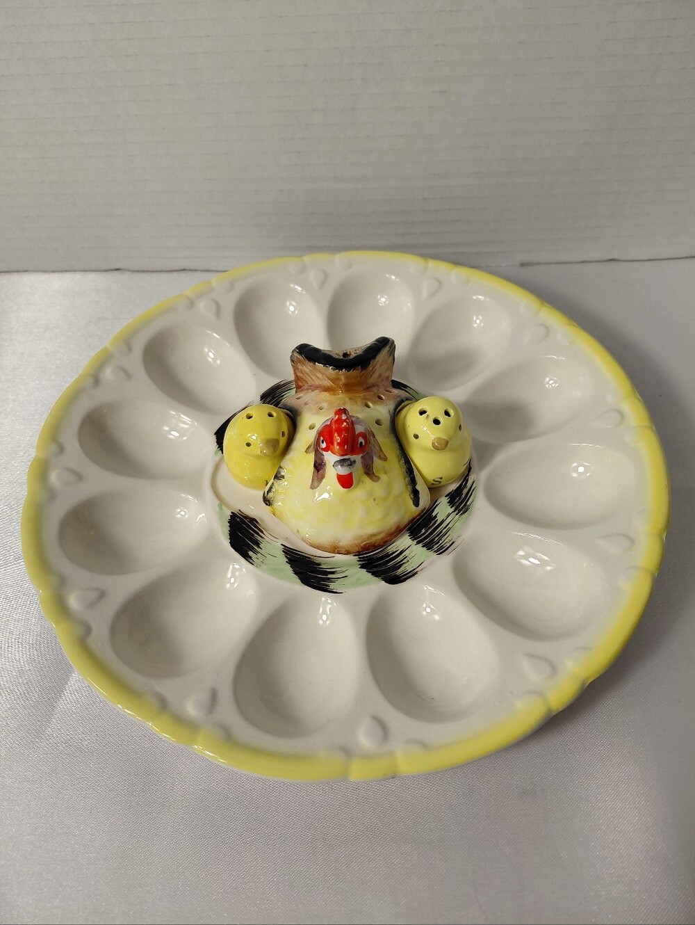 Vintage Japan Ceramic Chick Egg Plate with Yellow Trim